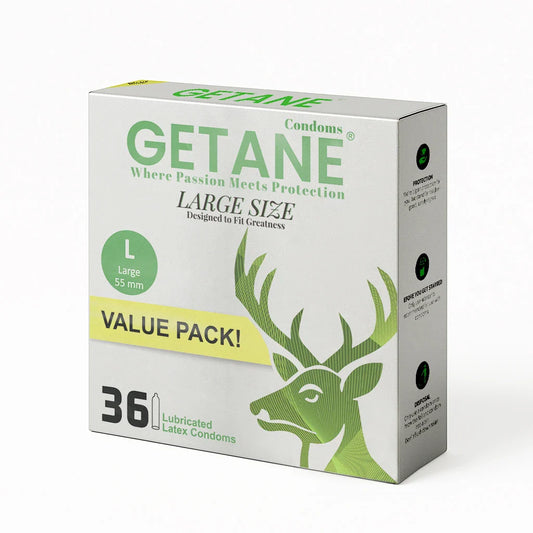 GETANE® Large 55mm Wide Fit Condoms – 36 Pack - EjaGuard Co