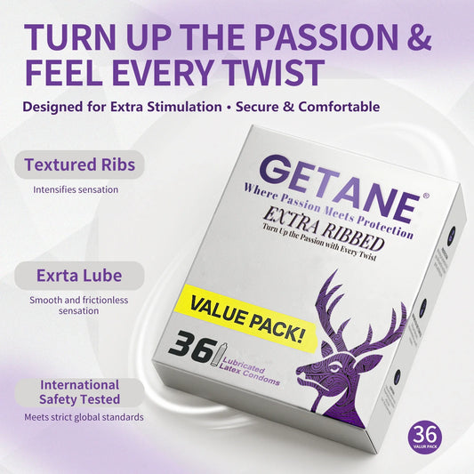 GETANE® Extra Ribbed Condoms – Intense Stimulation 36 Pack - EjaGuard Co