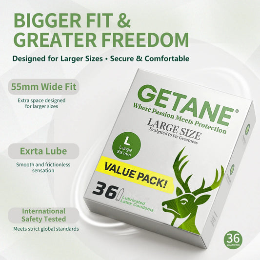 GETANE® Large 55mm Wide Fit Condoms – 36 Pack - EjaGuard Co