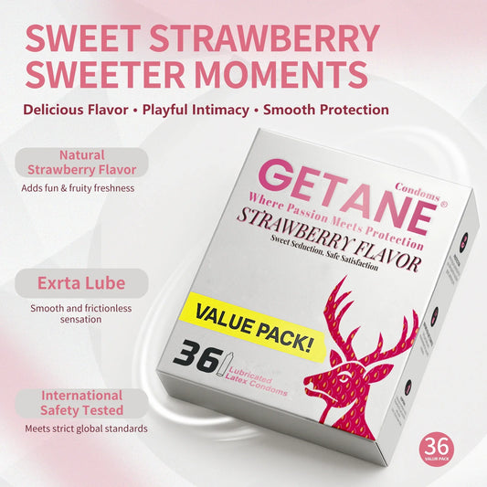 GETANE® Strawberry Flavor Condoms – Sweet Seduction 36 Pack - EjaGuard Co