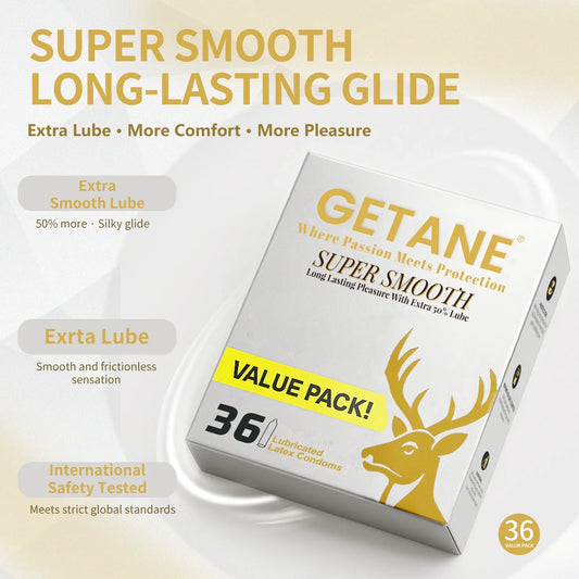 GETANE® Super Smooth Condoms – Extra 50% Lube, 36 Value Pack - EjaGuard Co